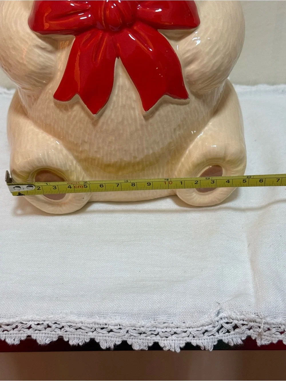 Japan Ceramic Pottery Teddy Bear Jar Beige Red Bow Glossy Finish 9 in